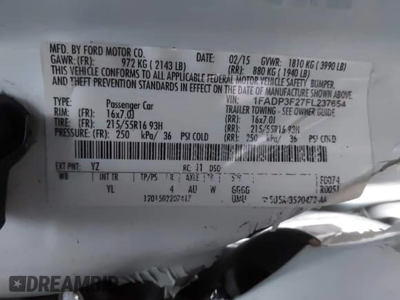 ✅ 2015 Ford Focus SE • VIN: 1FADP3F27FL237654 • Lot: 43852434. Listed on IAAI with 156,708 mi. Free auction sales archive from the USA and detailed vehicle history report at DreamBid. Image 9.