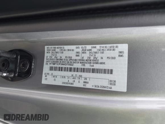 ✅ 2022 Ford F-150 XL • VIN: 1FTMF1CP3NKD75522 • Lot: 41172250. Listed on IAAI with 42,956 mi. Free auction sales archive from the USA and detailed vehicle history report at DreamBid. Image 9.