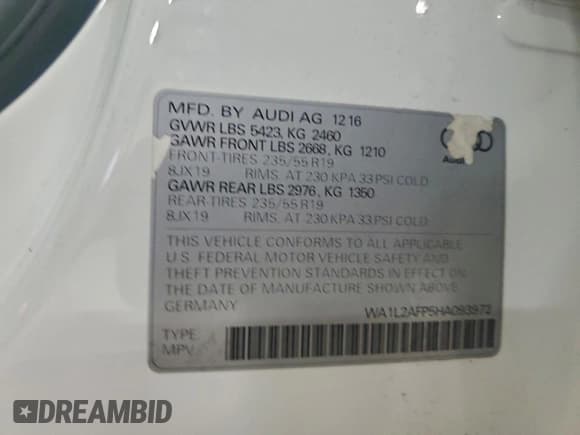 ✅ 2017 Audi Q5 Premium Plus • VIN: WA1L2AFP5HA093972 • Лот: 94307185. Опубликован ранее на Copart с пробегом 167 928 миль. Бесплатный доступ к архиву аукционных продаж из США и подробный отчёт об истории автомобиля на DreamBid. Изображение 13.