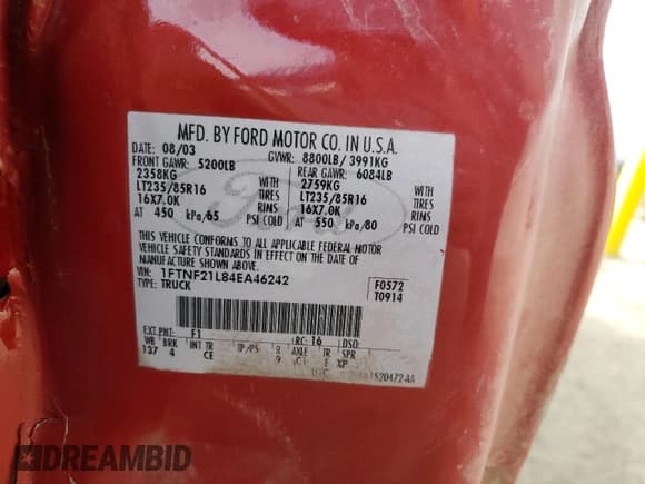 ✅ 2004 Ford F-250 XL • VIN: 1FTNF21L84EA46242 • Lot: 50214865. Listed on Copart with Not provided. Free auction sales archive from the USA and detailed vehicle history report at DreamBid. Image 13.