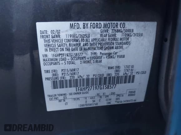 ✅ 2007 Ford Five Hundred SEL • VIN: 1FAHP27197G158577 • Lot: 43131030. Listed on IAAI with Not provided. Free auction sales archive from the USA and detailed vehicle history report at DreamBid. Image 9.