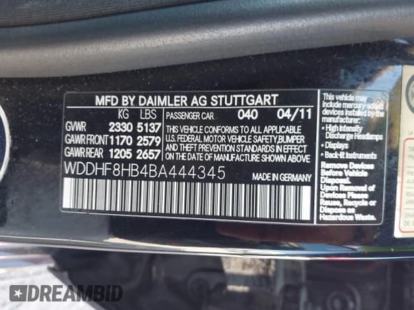 ✅ 2011 Mercedes-Benz E 350 Luxury • VIN: WDDHF8HB4BA444345 • Lot: 43337847. Listed on IAAI with 173,766 mi. Free auction sales archive from the USA and detailed vehicle history report at DreamBid. Image 9.