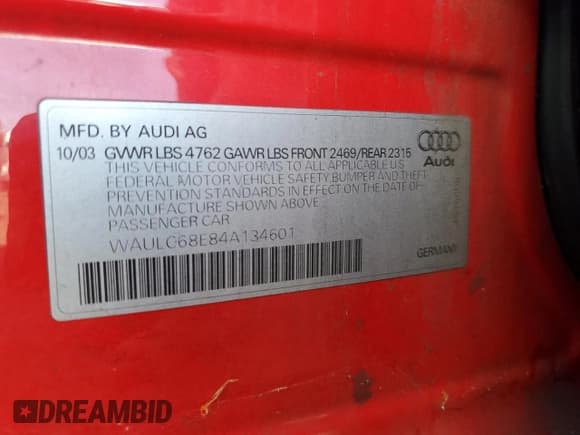 ✅ 2004 Audi A4 1.8T • VIN: WAULC68E84A134601 • Лот: 70844914. Опубликован ранее на Copart с пробегом Не указан. Бесплатный доступ к архиву аукционных продаж из США и подробный отчёт об истории автомобиля на DreamBid. Изображение 13.