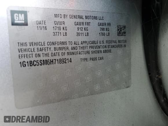 ✅ 2017 Chevrolet Cruze LS • VIN: 1G1BC5SM6H7189214 • Lot: 56723453. Listed on Copart with 114,487 mi. Free auction sales archive from the USA and detailed vehicle history report at DreamBid. Image 14.