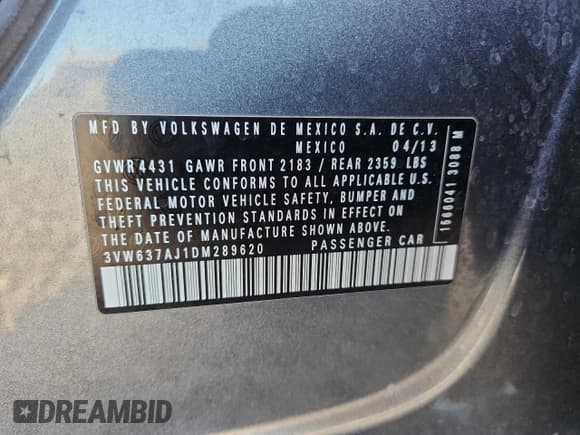 ✅ 2013 Volkswagen Jetta Hybrid • VIN: 3VW637AJ1DM289620 • Lot: 92242245. Listed on Copart with 131,029 mi. Free auction sales archive from the USA and detailed vehicle history report at DreamBid. Image 13.