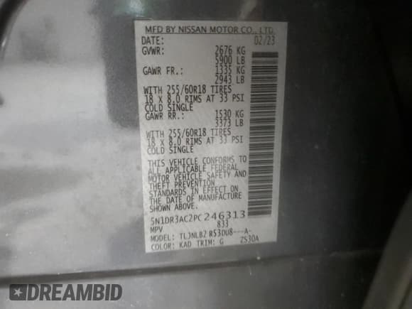 ✅ 2023 Nissan Pathfinder S • VIN: 5N1DR3AC2PC246313 • Lot: 69108985. Wystawiony na Copart z przebiegiem 50 126 mil. Bezpłatny archiwum sprzedaży aukcyjnych z USA i szczegółowy raport historii pojazdu na DreamBid. Zdjęcie 14.