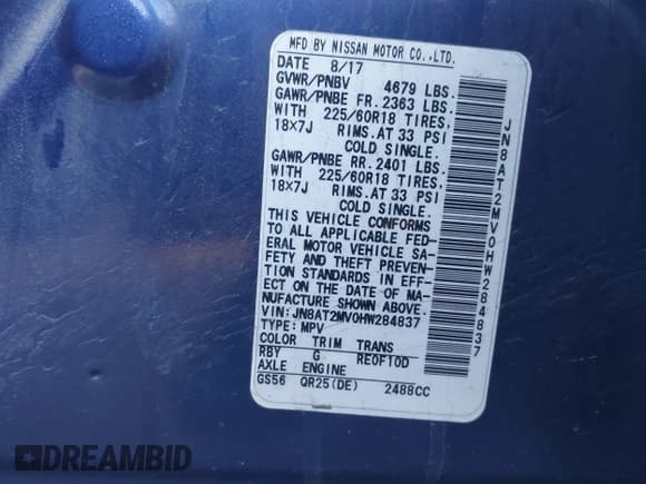 ✅ 2017 Nissan Rogue SL • VIN: JN8AT2MV0HW284837 • Lot: 41137097. Listed on IAAI with 178,763 mi. Free auction sales archive from the USA and detailed vehicle history report at DreamBid. Image 9.