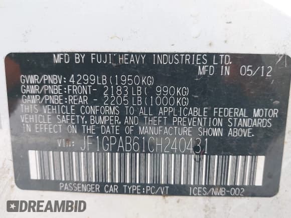 ✅ 2012 Subaru Impreza Premium • VIN: JF1GPAB61CH240431 • Lot: 43315187. Listed on IAAI with 76,218 mi. Free auction sales archive from the USA and detailed vehicle history report at DreamBid. Image 9.