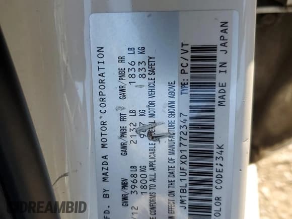 ✅ 2013 Mazda 3 GX • VIN: JM1BL1UFXD1772347 • Lot: 71803095. Listed on Copart with 260,397 mi. Free auction sales archive from the USA and detailed vehicle history report at DreamBid. Image 12.