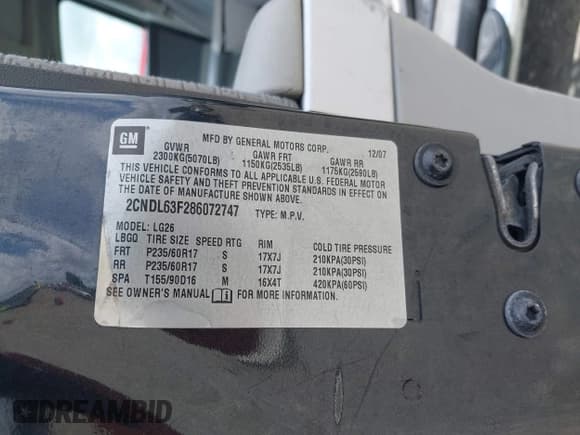 ✅ 2008 Chevrolet Equinox LT • VIN: 2CNDL63F286072747 • Лот: 42470946. Опубликован ранее на IAAI с пробегом 133 926 миль. Бесплатный доступ к архиву аукционных продаж из США и подробный отчёт об истории автомобиля на DreamBid. Изображение 9.