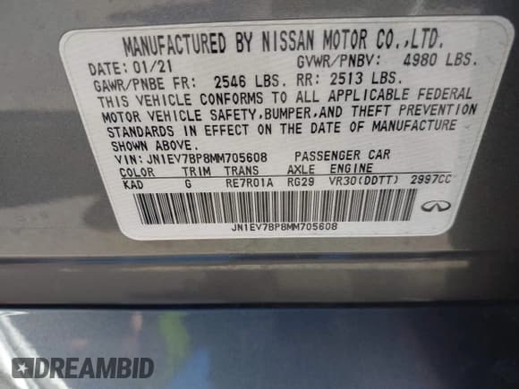 ✅ 2021 Infiniti Q50 Luxe • VIN: JN1EV7BP8MM705608 • Lot: 43530219. Listed on IAAI with 63,043 mi. Free auction sales archive from the USA and detailed vehicle history report at DreamBid. Image 9.