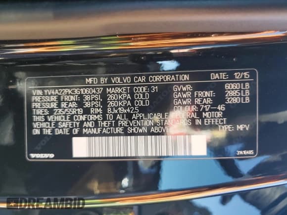 ✅ 2016 Volvo XC90 T6 Momentum • VIN: YV4A22PK3G1060437 • Lot: 85209275. Listed on Copart with Not provided. Free auction sales archive from the USA and detailed vehicle history report at DreamBid. Image 13.