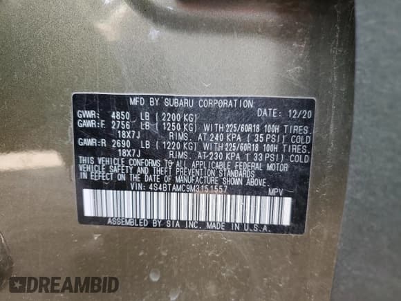 ✅ 2021 Subaru Outback Limited • VIN: 4S4BTAMC9M3151557 • Лот: 89835265. Опубликован ранее на Copart с пробегом 54 621 миль. Бесплатный доступ к архиву аукционных продаж из США и подробный отчёт об истории автомобиля на DreamBid. Изображение 13.