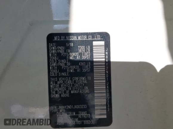 ✅ 2018 Nissan Armada SL • VIN: JN8AY2ND1JX003233 • Lot: 42524430. Listed on IAAI with 133,904 mi. Free auction sales archive from the USA and detailed vehicle history report at DreamBid. Image 9.