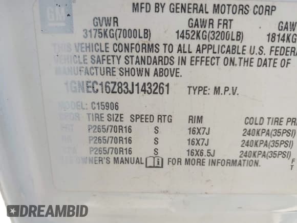 ✅ 2003 Chevrolet Suburban LT • VIN: 1GNEC16Z83J143261 • Лот: 42065509. Опубликован ранее на IAAI с пробегом 217 109 миль. Бесплатный доступ к архиву аукционных продаж из США и подробный отчёт об истории автомобиля на DreamBid. Изображение 9.