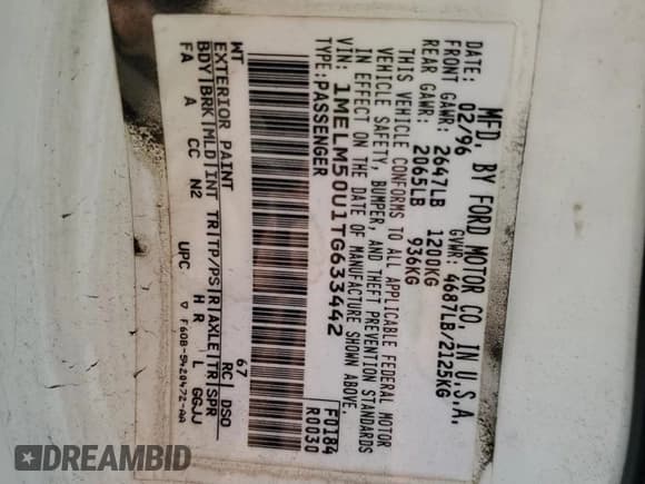 ✅ 1996 Mercury Sable GS • VIN: 1MELM50U1TG633442 • Lot: 86220785. Listed on Copart with 47,781 mi. Free auction sales archive from the USA and detailed vehicle history report at DreamBid. Image 12.