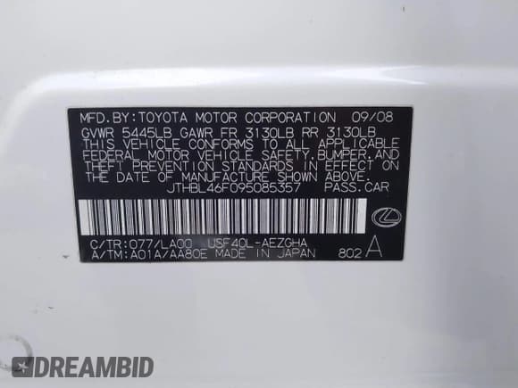 ✅ 2009 Lexus LS 460 • VIN: JTHBL46F095085357 • Lot: 43878856. Listed on IAAI with 206,372 mi. Free auction sales archive from the USA and detailed vehicle history report at DreamBid. Image 9.