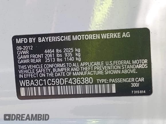✅ 2013 BMW 3 Series 328i • VIN: WBA3C1C59DF436380 • Lot: 42877603. Listed on IAAI with 135,720 mi. Free auction sales archive from the USA and detailed vehicle history report at DreamBid. Image 9.