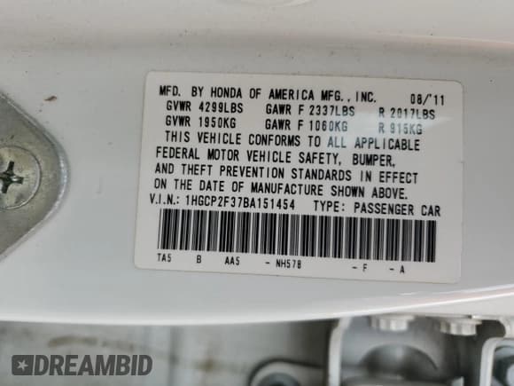 ✅ 2011 Honda Accord LX • VIN: 1HGCP2F37BA151454 • Lot: 93558525. Listed on Copart with 189,970 mi. Free auction sales archive from the USA and detailed vehicle history report at DreamBid. Image 13.