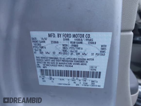 ✅ 2008 Ford Escape XLS • VIN: 1FMCU02Z18KC16304 • Lot: 41421555. Listed on IAAI with 172,985 mi. Free auction sales archive from the USA and detailed vehicle history report at DreamBid. Image 9.