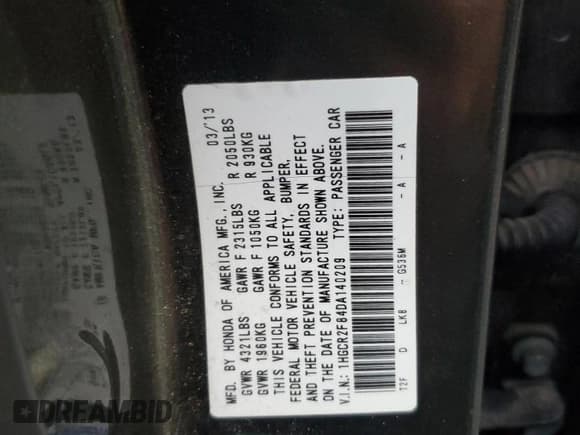 ✅ 2013 Honda Accord EX-L • VIN: 1HGCR2F84DA140209 • Lot: 82251385. Listed on Copart with 155,110 mi. Free auction sales archive from the USA and detailed vehicle history report at DreamBid. Image 12.