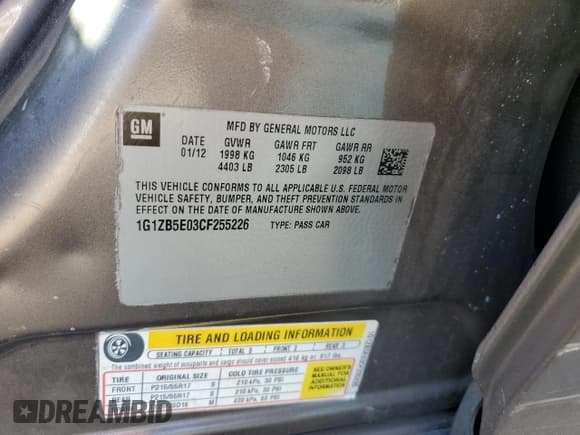 ✅ 2012 Chevrolet Malibu 1LS • VIN: 1G1ZB5E03CF255226 • Lot: 52449614. Listed on Copart with Not provided. Free auction sales archive from the USA and detailed vehicle history report at DreamBid. Image 12.