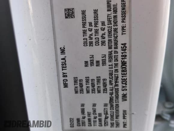 ✅ 2022 Tesla Model 3 Long Range • VIN: 5YJ3E1EBXNF181454 • Lot: 74084454. Listed on Copart with Not provided. Free auction sales archive from the USA and detailed vehicle history report at DreamBid. Image 14.