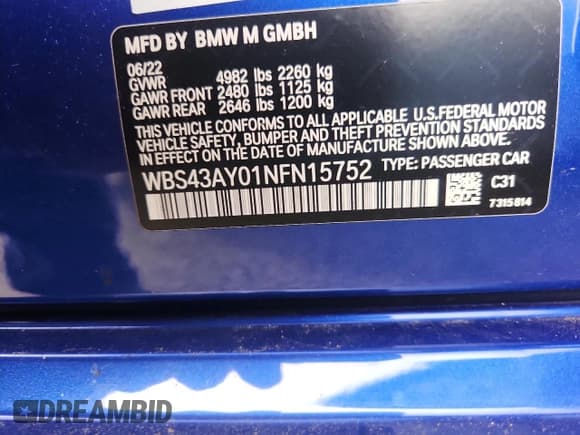 ✅ 2022 BMW M3 Competition xDrive • VIN: WBS43AY01NFN15752 • Lot: 87237395. Wystawiony na Copart z przebiegiem Nie podano. Bezpłatny archiwum sprzedaży aukcyjnych z USA i szczegółowy raport historii pojazdu na DreamBid. Zdjęcie 12.