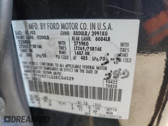 ✅ 2003 Ford F-250 XL • VIN: 1FTNX21L33EC04529 • Lot: 46360895. Listed on Copart with 168,214 mi. Free auction sales archive from the USA and detailed vehicle history report at DreamBid. Image 12.