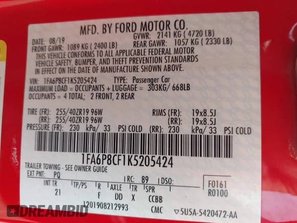 ✅ 2019 Ford Mustang GT • VIN: 1FA6P8CF1K5205424 • Lot: 43234848. Wystawiony na IAAI z przebiegiem 67 728 mil. Bezpłatny archiwum sprzedaży aukcyjnych z USA i szczegółowy raport historii pojazdu na DreamBid. Zdjęcie 9.