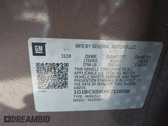 ✅ 2019 Chevrolet Cruze LS • VIN: 1G1BC5SMXK7126656 • Lot: 43546090. Listed on IAAI with 87,531 mi. Free auction sales archive from the USA and detailed vehicle history report at DreamBid. Image 9.