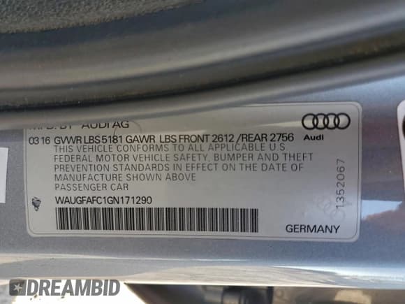 ✅ 2016 Audi A6 Premium Plus • VIN: WAUGFAFC1GN171290 • Lot: 95761195. Listed on Copart with 41,641 mi. Free auction sales archive from the USA and detailed vehicle history report at DreamBid. Image 12.