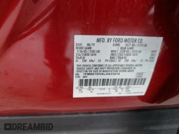 ✅ 2020 Ford Explorer XLT • VIN: 1FMSK7DHXLGA33414 • Лот: 91082625. Опубликован ранее на Copart с пробегом 92 951 миль. Бесплатный доступ к архиву аукционных продаж из США и подробный отчёт об истории автомобиля на DreamBid. Изображение 13.