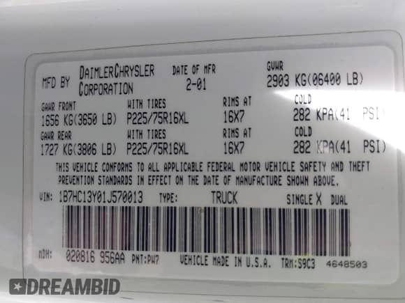 2001 Dodge 1500 z VIN 1B7HC13Y01J570013, wystawiony jako IAAI lot #43141877 z przebiegiem 148 153 mil mil oraz . Historia ofert i sprzedaży dostępna na DreamBid. Obrazek 9.