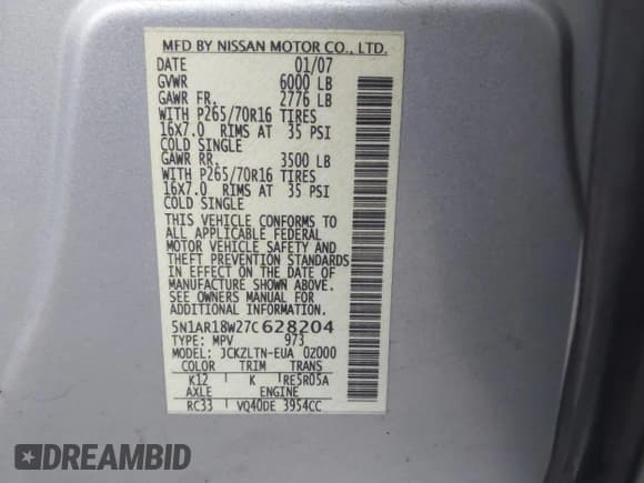 ✅ 2007 Nissan Pathfinder S • VIN: 5N1AR18W27C628204 • Lot: 43780778. Listed on IAAI with Not provided. Free auction sales archive from the USA and detailed vehicle history report at DreamBid. Image 9.