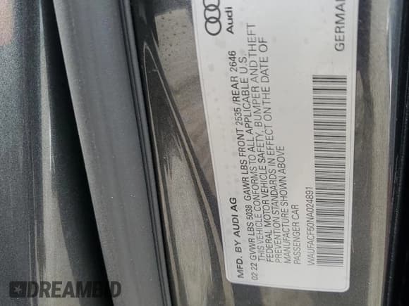 ✅ 2022 Audi A5 Sportback S line Premium Plus • VIN: WAUFACF50NA024891 • Лот: 51643235. Опубликован ранее на Copart с пробегом Не указан. Бесплатный доступ к архиву аукционных продаж из США и подробный отчёт об истории автомобиля на DreamBid. Изображение 13.