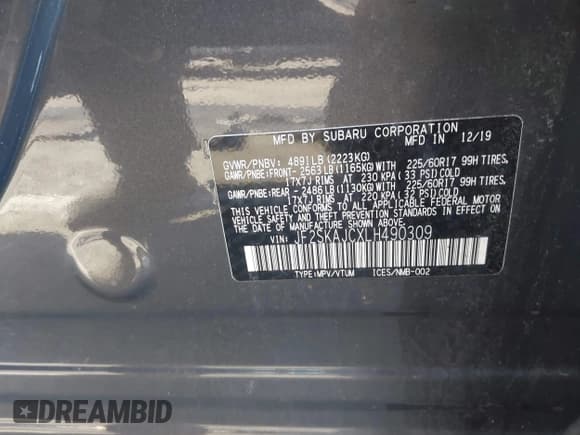 ✅ 2020 Subaru Forester Premium • VIN: JF2SKAJCXLH490309 • Лот: 43604732. Опубликован ранее на IAAI с пробегом 59 792 миль. Бесплатный доступ к архиву аукционных продаж из США и подробный отчёт об истории автомобиля на DreamBid. Изображение 9.