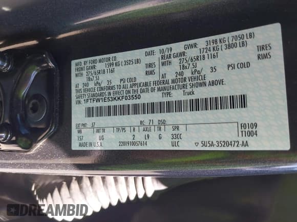 ✅ 2019 Ford F-150 XL • VIN: 1FTFW1E53KKF03550 • Lot: 42877389. Listed on IAAI with 47,199 mi. Free auction sales archive from the USA and detailed vehicle history report at DreamBid. Image 9.