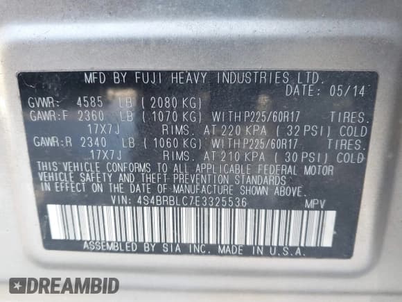 ✅ 2014 Subaru Outback Limited • VIN: 4S4BRBLC7E3325536 • Lot: 41209727. Listed on IAAI with 128,758 mi. Free auction sales archive from the USA and detailed vehicle history report at DreamBid. Image 9.