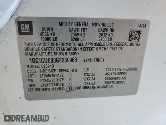 ✅ 2016 Chevrolet Silverado 2500HD Work Truck • VIN: 1GC1CUE80GF230968 • Lot: 64191944. Wystawiony na Copart z przebiegiem Nie podano. Bezpłatny archiwum sprzedaży aukcyjnych z USA i szczegółowy raport historii pojazdu na DreamBid. Zdjęcie 13.