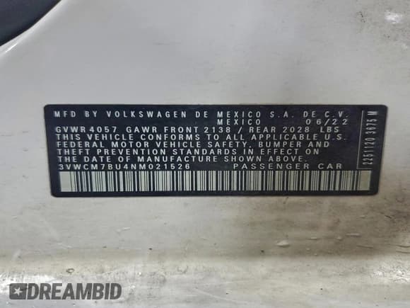 ✅ 2022 Volkswagen Jetta S • VIN: 3VWCM7BU4NM021526 • Lot: 94078015. Wystawiony na Copart z przebiegiem 39 116 mil. Bezpłatny archiwum sprzedaży aukcyjnych z USA i szczegółowy raport historii pojazdu na DreamBid. Zdjęcie 13.