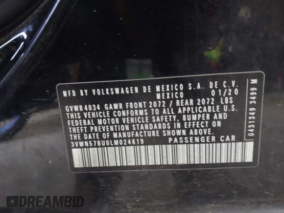 ✅ 2020 Volkswagen Jetta S • VIN: 3VWN57BU0LM024619 • Lot: 43304334. Listed on IAAI with 93,218 mi. Free auction sales archive from the USA and detailed vehicle history report at DreamBid. Image 9.