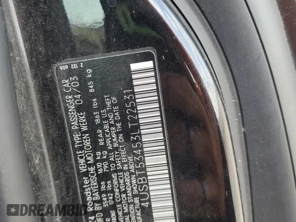 ✅ 2003 BMW Z4 3.0i • VIN: 4USBT53453LT22531 • Lot: 71037825. Listed on Copart with 219,724 mi. Free auction sales archive from the USA and detailed vehicle history report at DreamBid. Image 12.