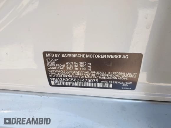 ✅ 2013 BMW 3 Series 335i • VIN: WBA3A9C56DF475075 • Lot: 43104849. Listed on IAAI with 141,148 mi. Free auction sales archive from the USA and detailed vehicle history report at DreamBid. Image 9.