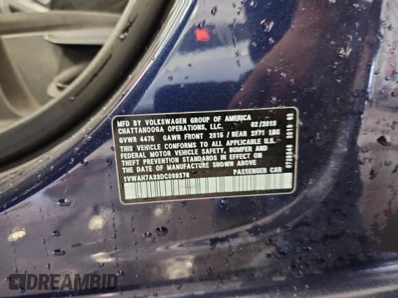 ✅ 2013 Volkswagen Passat S • VIN: 1VWAH7A33DC099378 • Lot: 85500695. Listed on Copart with Not provided. Free auction sales archive from the USA and detailed vehicle history report at DreamBid. Image 12.