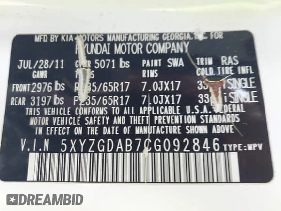 ✅ 2012 Hyundai Santa Fe GLS • VIN: 5XYZGDAB7CG092846 • Lot: 43448095. Listed on IAAI with 131,666 mi. Free auction sales archive from the USA and detailed vehicle history report at DreamBid. Image 9.