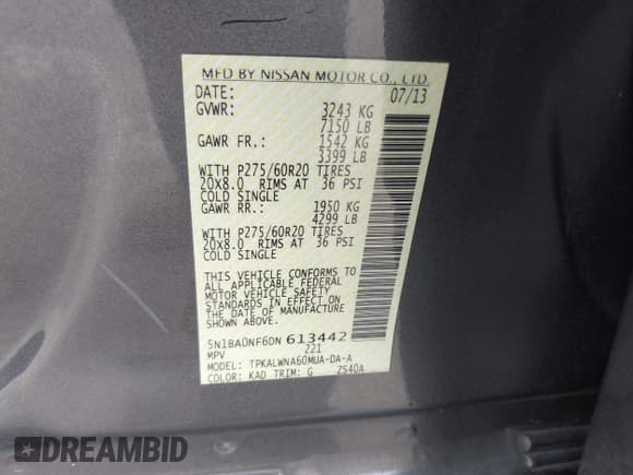 ✅ 2013 Nissan Armada Platinum • VIN: 5N1BA0NF6DN613442 • Lot: 43839546. Listed on IAAI with 249,427 mi. Free auction sales archive from the USA and detailed vehicle history report at DreamBid. Image 9.