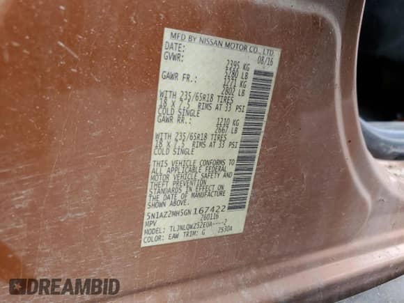 2016 Nissan Murano SV with VIN 5N1AZ2MH5GN167422, listed as a Copart auction lot 63156975 with 157,362 mi miles and Salvage title. Bid and sale history available at DreamBid. Image 13.