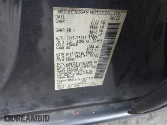 ✅ 2012 Nissan Pathfinder S • VIN: 5N1AR1NN3CC639234 • Lot: 43568264. Listed on IAAI with 151,331 mi. Free auction sales archive from the USA and detailed vehicle history report at DreamBid. Image 9.