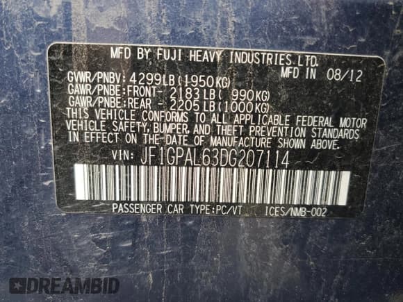 ✅ 2013 Subaru Impreza Special Sports Premium • VIN: JF1GPAL63DG207114 • Lot: 54918203. Listed on Copart with Not provided. Free auction sales archive from the USA and detailed vehicle history report at DreamBid. Image 12.